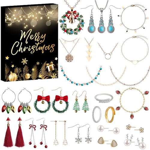 Kalolary Calendario de adviento de joyería para mujeres, pulseras de moda navideña, collares, anillos y aretes, 24 días de cuenta regresiva Navidad para esposa, madre, hija y adultas niñas