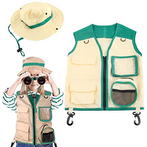 Keenso Conjunto de Disfraz de Explorador para Niños con Chaleco y Sombrero de Carga, Kit de Aventura Al Aire Libre para Guardabosques del Parque Zoológico de Insectos, Equipo Educativo