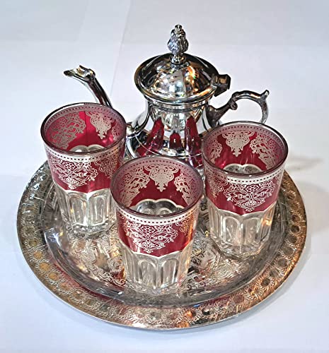 Kenta artesanias Juego de te marroquí, 3 Vasos Arabes, Míni Tetera metálica + un Bandeja repujada 25 cm d dmtr.