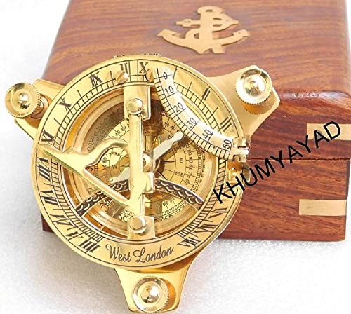 KHUMYAYAD Brújula de reloj de sol de latón antiguo réplica náutica artículo con caja de palisandro