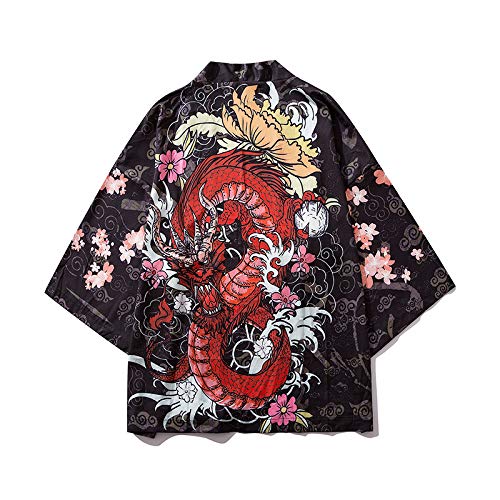 Kimono Tradicional Japones, Kimono Cardigan para Hombres, Japonés Masculino Yukata para Hombres Haori Japonés Samurai Kimono Shirt Hombres Ropa Tradicional Japonesa,Black-L