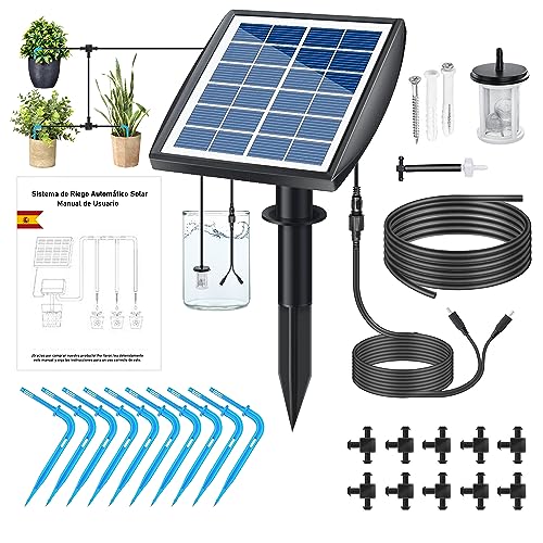 Kit de Riego por Goteo Automático Solar para Plantas y Macetas, Sistema Programador con Bomba de Agua y Manguera de 10M, Adecuado para Regar Plantas y el Huerto en vacaciones, Accesorios incluidos