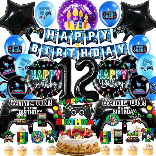 Kit Decoración Cumpleaños Videojuegos 12 Años, Suministros para Gaming Gamer Fiesta de Cumpleaños Temática del Niño, Control de Videojuegos Globos de papel, Topper de Torta Banner Globo Azul y Negro