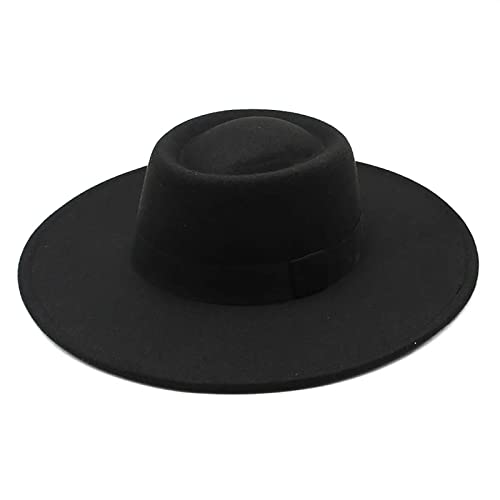 KorhLeoh Sombrero de Fedora de fieltro clásico para mujer y hombre, sombrero de ala ancha, Negro, M