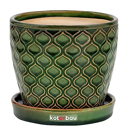 KOTARBAU® - Maceta de cerámica para Plantas (15 cm), Color Verde Vintage, con Bandeja de Goteo, diseño de Escamas de Pescado