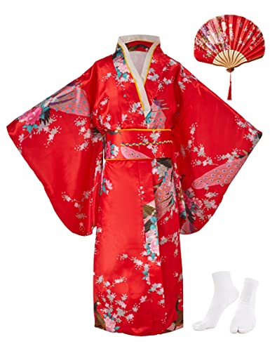 KRUIHAN Kimono Niña Japonesa,Bata Yukata Kimono Niña Saten,Ropa Japonesa Tradicional,Disfraz Japonesa Niña,Vestido de Niña Japonesa para Fiesta,con Abanico Plegable y Calcetines Tabi,Rojo,150