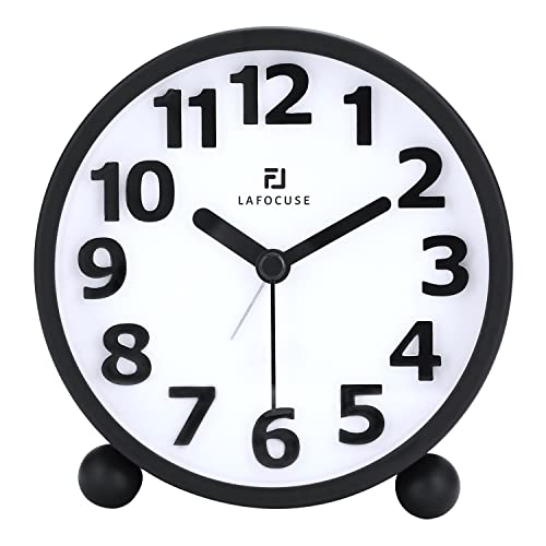 Lafocuse Reloj Despertador Analógico Silencioso con Función Snooze, Metal Negro Numeros Grandes 3D con luz Nocturna, Reloj de Mesa Moderno para Mesilla Dormitorio 10.5cm