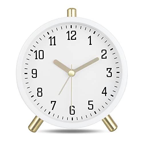 Lafocuse Reloj Despertador Analógico Silencioso, Metal Blanco Leche Classic con Luz Nocturna, Reloj de Mesa Moderno para Mesilla Dormitorio 11cm
