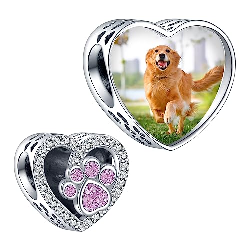 LaMenars Personalized Photo Charms Impresión de garras cuentas de plata esterlina rosas personalizadas imágenes pulseras y collares de corazón de perro y gato regalo de niña