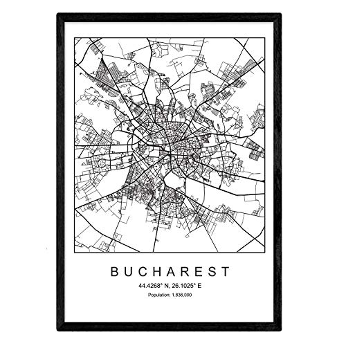 Lámina mapa de la ciudad Bucharest estilo nordico en blanco y negro. Poster tamaño A4 Sin marco Impreso papel 250 gr. Cuadros, láminas y posters para salon y dormitorio