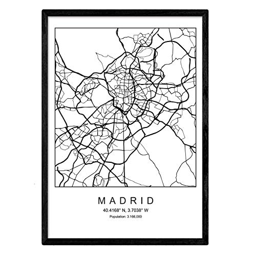 Lámina Mapa de la Ciudad Madrid Estilo nordico en Blanco y Negro. Poster tamaño A3 Enmarcado con Marco Negro Impreso Papel 250 gr. Cuadros, láminas y Posters para Salon y Dormitorio