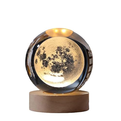 Lámpara luna en bola de cristal led con base de madera - Bola de cristal con la luna dentro 8 cm - Lampara de la luna llena para tu escritorio - Luna grabada en laser - Lámpara del hogar para regalar