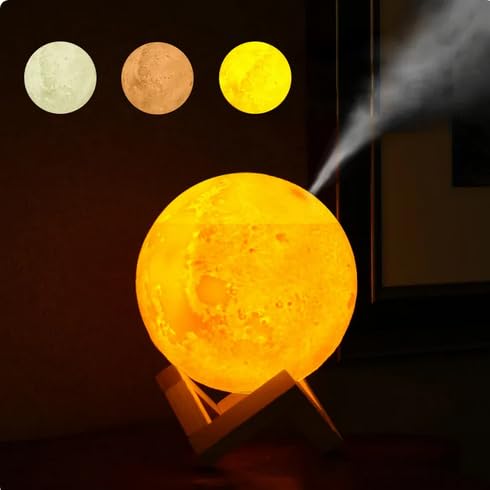 Lámpara Luna Humidificador con Soporte de Madera, 3 Colores y Gran Capacidad 800ml Difusor de Aceites Esenciales Aromaterapia Ideal para Dormitorio y Decoración para Crear un Ambiente Agradable