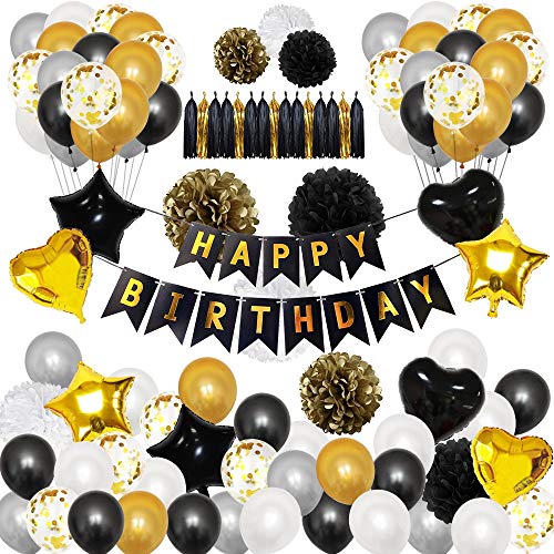 LAPONO Globos Oro Negro 98 Piezas Globos de Cumpleaños Dorados Kit Decoración Fiestas Globol Lámina Corazón Estrella Pompones HAPPY BIRTHDAY Pancarta para Cumpleaños, Aniversario, Boda Graduación