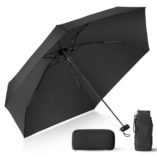 LEAGERA Paraguas de viaje compacto con funda, pequeño paraguas para bolso, diseño portátil ligero y pequeño, perfecto para sombrilla al aire libre, paraguas de sol y lluvia, negro