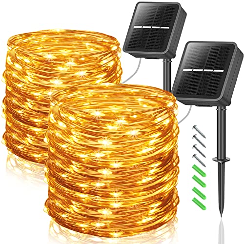 LEDYA Luces Led Solares para Exteriores, [2 Pack] 12M/33 ft 100 LEDTiras Led Solares Exterior, Jardín Impermeable 8 Modos Cobre para Patio, Yarda, Fiesta, Boda, Solar Lights Outdoor Garden