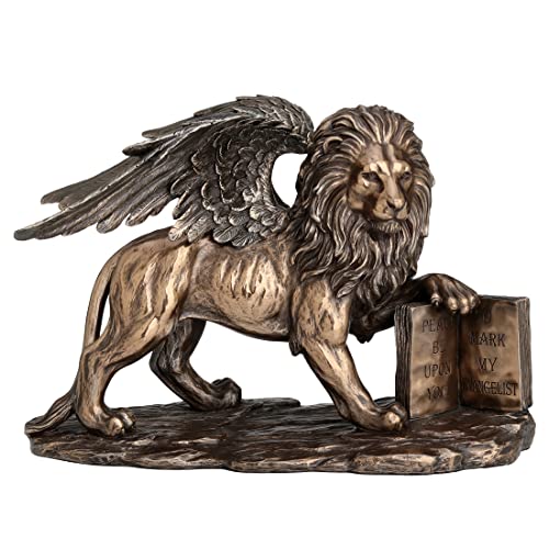 León de San Marcos León alado Holding abierto Biblia acabado en bronce Estatua 10 Inch