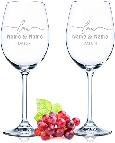 Leonardo - Juego de 2 copas de vino con diseño simple Love grabado con nombre y diseño - Regalo para parejas - Regalo para cumpleaños, aniversario y boda