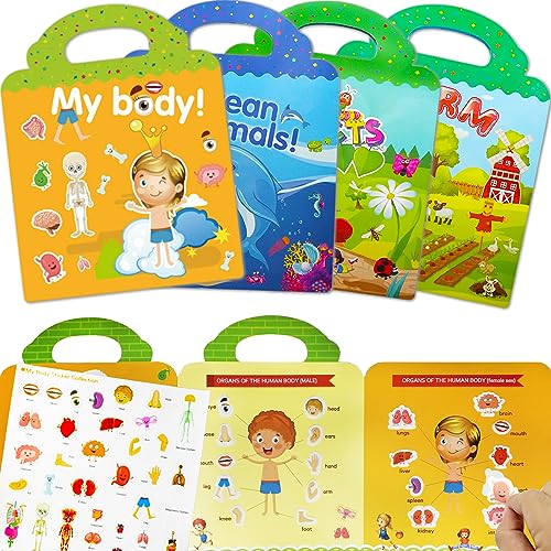 Libros de pegatinas reutilizables, Tixlux, paquete de 4 libros de pegatinas para niños de 2 a 6 años, niños y niñas, libro de pegatinas 3D, juguete educativo de aprendizaje, regalos de cumpleaños