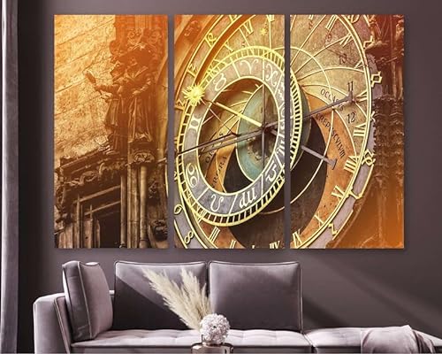 Lienzo con diseño de reloj astronómico en Praga para pared, decoración de pared de la ciudad europea, reloj de arte de pared para sala de estar, dormitorio, lienzo de arte de pared