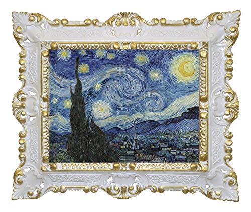 LIGUORO SHOP Cuadro nocturno estrellado de Vincent Van Gogh, reproducción impresa en banner de tela con marco barroco, 45 x 37 cm (blanco/dorado)