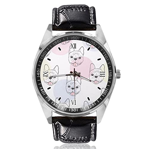 Lindo Bulldog Francés Lunares Relojes de cuarzo Relojes de pulsera para mujeres y hombres Negocios Originalidad Unisex Cuero Dial Plata Relojes de pulsera, plata
