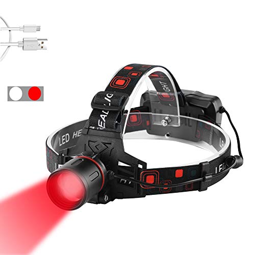 Linterna Frontal Roja Recargable, WESLITE Linternas Frontales Rojo LED Alta Potencia para Caza Linterna de Cabeza Roja con Zoom para Astronomía, Visión Nocturna y Caza (Luz Roja y Blanca)