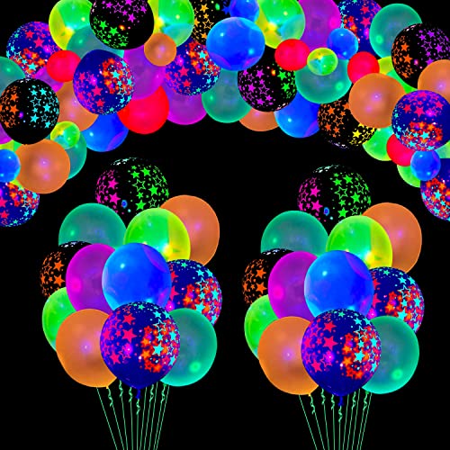 LKITMIUT Paquete de 109 globos de neón UV,globos luminosos que brillan en la oscuridad,globos de luz negra,estrellas fluorescentes reactivas,globos de látex, accesorios de fiesta de luz negra, globos