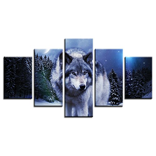 Lobo en las pinturas de cielo nocturno Forest 5 Panel Lámina del paisaje del arte impresión en lona cuadros de la pared de la foto para dormitorio principal Decoración estiró y enmarcó ilustraciones