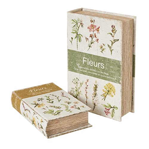 LOLAhome Set de 2 Cajas Libro botánicas de Seda y Madera Blancas