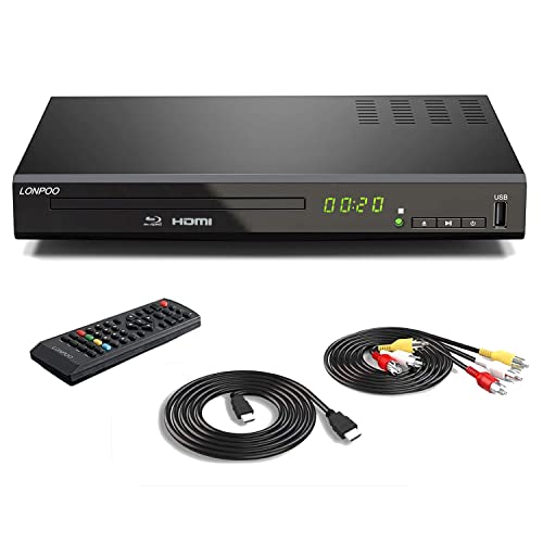 LONPOO Reproductor de BLU-Ray/DVD Disc para TV (Full HD 1080P, Salida HDMI/AV/Coxical, Entrada USB, Region 1-6 Standard DVDs y Region B/2 BLU-Ray) Carcasa Metálica, Cable HDMI&AV Incluido