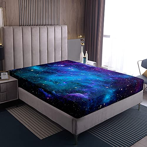 Loussiesd Cielo estrellado Galaxis Sábana bajera ajustable 160x200 cm, diseño de galaxia cosmica, color lila azul con estampado galaxia, suave y transpirable, chicos, niñas y mujeres