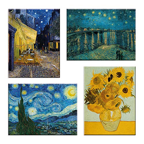 LuxHomeDecor Van Gogh Vincent - Cuadros de 4 piezas, 40 x 30 cm, impresión sobre lienzo con marco de madera