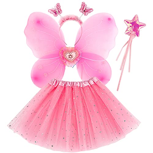 M MUNCASO Disfraz de hada para niñas - Conjuntos de disfraces de mariposa para disfraces - Conjunto de disfraz de tul de princesa con alas de mariposa, varita y diadema para niñas de 3 a 8 años