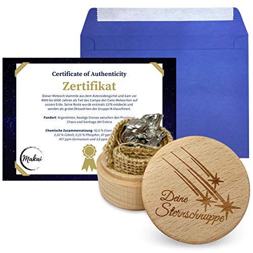 Makai Auténtica estrella fugaz de meteorito con certificado de autenticidad, tarjeta de regalo, tarjeta de regalo personalizada con dedicatoria (con caja de madera y certificado)
