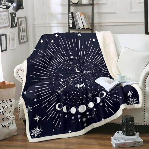Manta de constelación de galaxia, manta mullida del zodiaco Aries de 40 x 50 pulgadas, manta de luna estrellada azul oscuro y blanco, manta de felpa con horóscopos de cielo bohemio para niños y niñas,