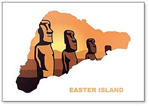 Mapa de la isla de Pascua con famosas esculturas al atardecer, ilustración clásica imán para nevera