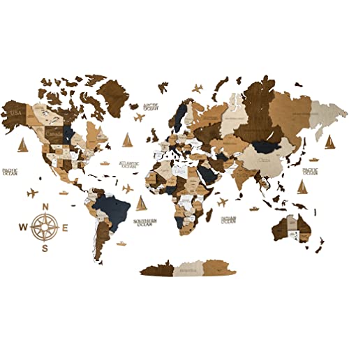Mapa del mundo de madera 3D arte decoración de pared grande – Tamaño (M, L y XL) Idea de regalo para cualquier ocasión – Arte de pared para el hogar y la cocina u oficina (M (120 x 62 cm), color café