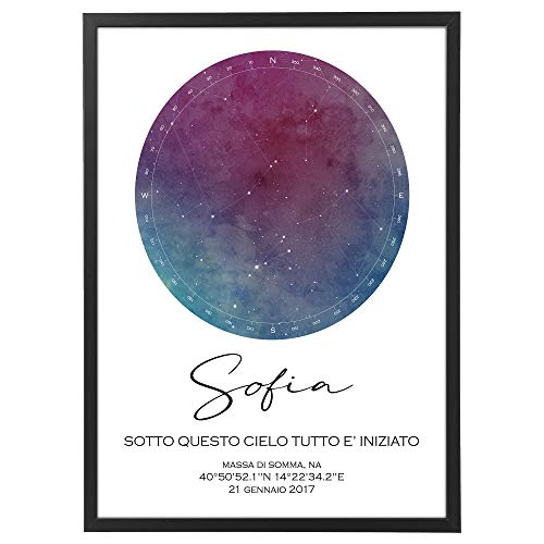 Mapa Estelar Personalizado con Marco - Pintura varios tamaños varios colores Póster Estrella Made in Italy (Acuarela 002)