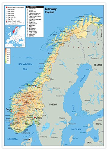 Mapa físico de Noruega - Papel laminado (tamaño A0, 84,1 x 118,9 cm)