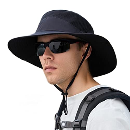 MayDONG Sombrero de pesca de ancha para hombre, protección solar con red, sombrero de senderismo, sombrero de safaris, sombrero de protección UV, sombrero de playa, Negro