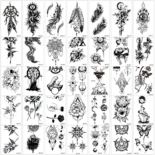 MenYiYDS 35 tatuajes temporales impermeables en miniatura, luna, estrella, constelación, brújula musical, ancla, palabra, hilo, flores para adultos, niños, hombres y mujeres.