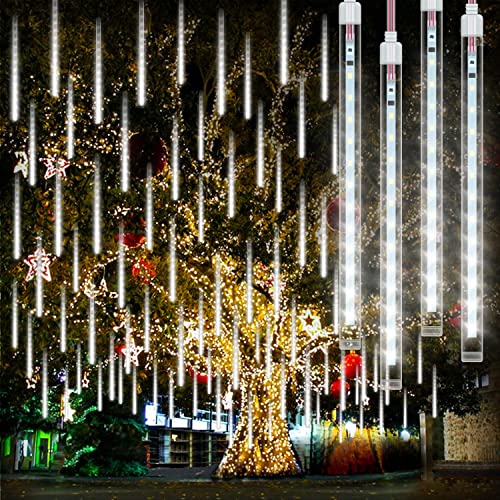 Meteoros Lluvia Luces LED, Rilitor IP65 Impermeable 30cm 8 Tubos 192 LEDs Lluvia de Meteoritos Cadena de Luces para Navidad Halloween Jardín Patio Fiesta Bodas (Blanco)