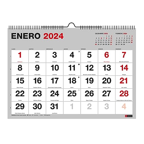 Miquelrius - Calendario de Pared 2024 Basic, Con números grandes, Tamaño A4: 296 x 210 mm, Con espacio para anotar, Encuadernación espiral doble, Español