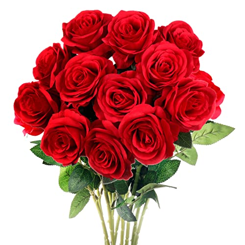 Mocoosy 12 Flores Artificiales de Rosas Rojas de Seda con Tallo Largo, Flores Artificiales Ramo de Rosas Falsas para Bodas Despedidas de Soltera hogar jardín centros de Mesa decoración