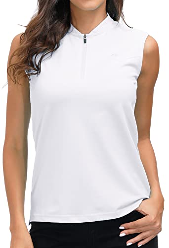 MoFiz Mujer Camiseta sin Manga Verano Henley Polo con Cuello Zip Blanco M