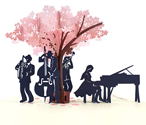 MOKIO® Tarjeta Pop-Up – Concierto de Jazz bajo un árbol floreciente – Tarjeta de felicitación 3D para un cumpleaños, boda, aniversario o jubilación, Tarjeta de regalo emergente con sobre