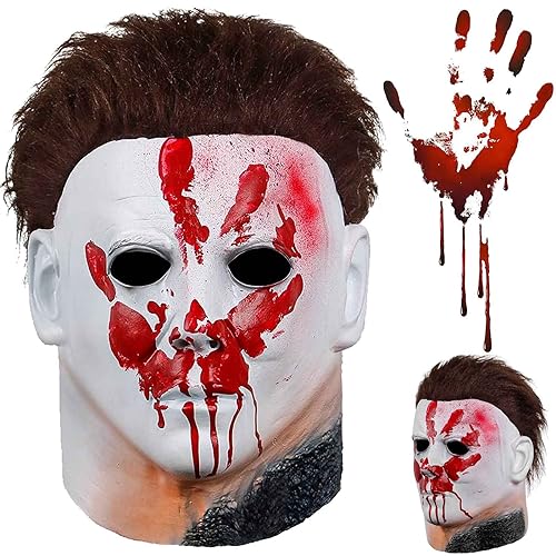 molezu Máscara de Halloween Mike Myers con huellas dactilares de sangre, accesorios de película de látex, terror, máscara de cabeza realista, máscara de miedo, accesorios de truco