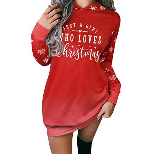 Momolaa Mujer Estampado de Navidad Manga Larga Bolsillos con Capucha Suéter Estampado Sudadera con Capucha Vestido Túnica Sudadera Vestido de Punto Blanco, rojo, S
