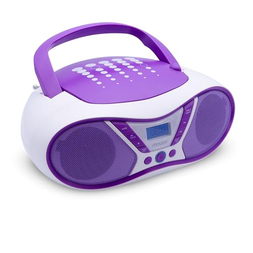 Mooov 477404 - Reproductor de CD portátil, Lector CD Audio CD-R/CD-RW/CD-MP3, Radio FM, Puerto USB, Sonido estéreo de 6W, asa ergonómica, Funciona con Corriente o con Pilas, Pop Purple